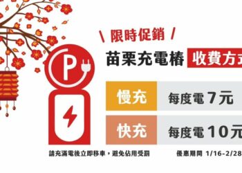 苗栗縣公有電動車充電樁 1月16日起全面正式營運         祭出感恩優惠促進綠色觀光