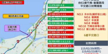 春節連假台61線竹南至後龍段實施交通管制     　6處平交路口分時封閉